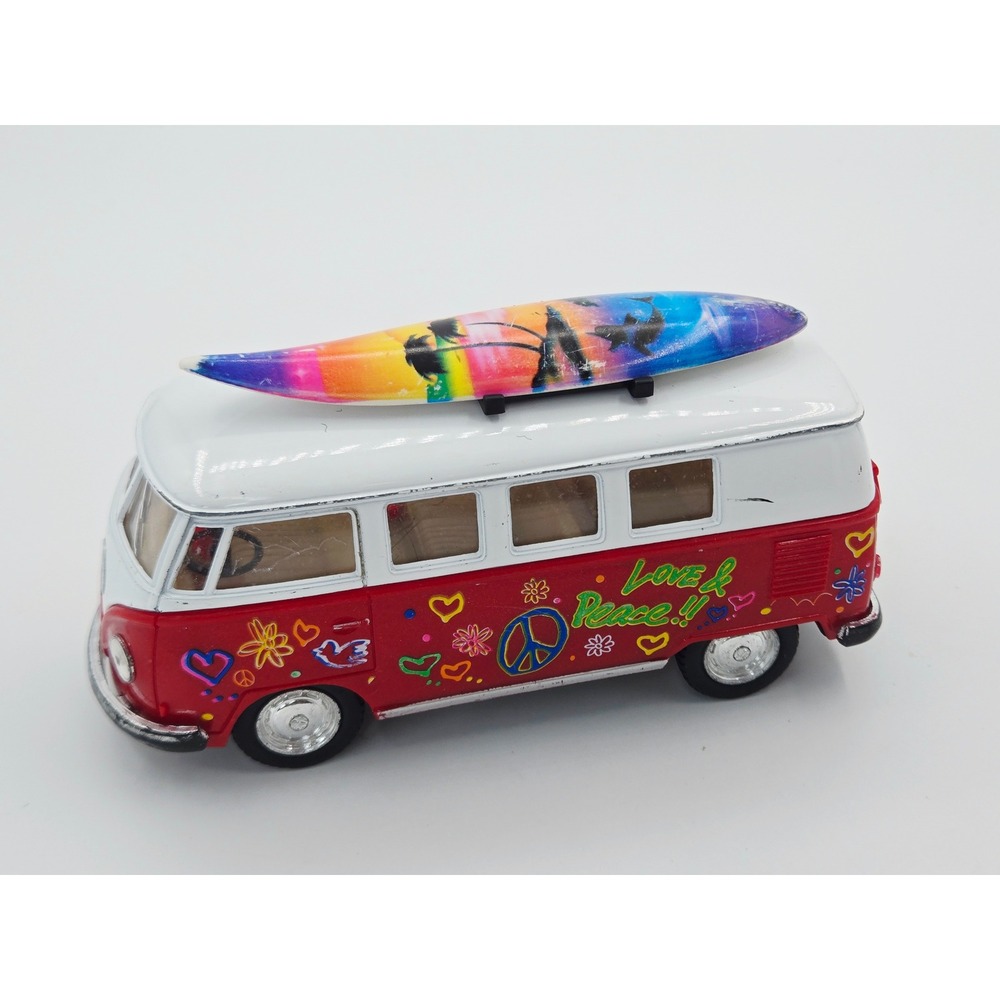 KINSMART 1:32 Volkswagen Microbus Diecast Love Peace Hippie Van with Surfboard